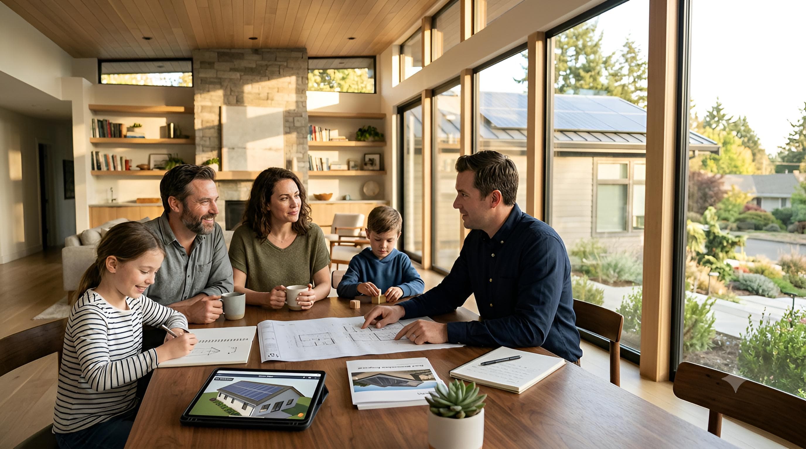Familia reunida con un asesor revisando planos de su vivienda con paneles solares y techo nuevo, ambiente de confianza y tranquilidad